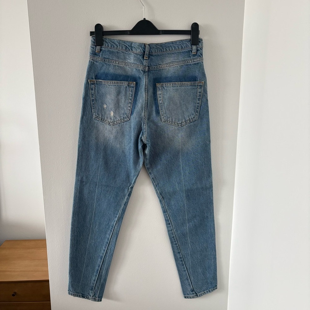 Zara Premium Denim Deconstructed Slanted Waistband Mid Blue Jeans Size US 6 NWOT - Picture 3 of 11